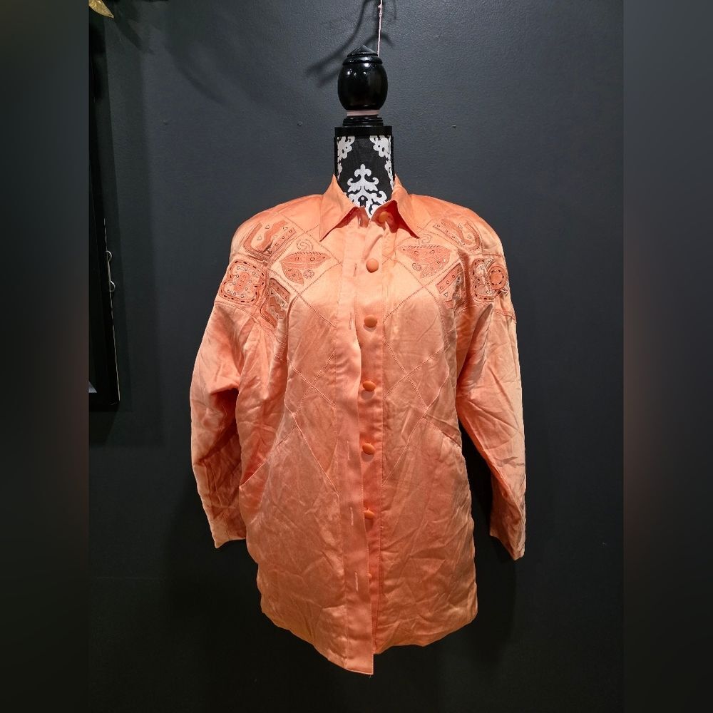 Vtg Silk Roberta Roncallo Orange Embroidered Blazer Jacket Sz S Oversized